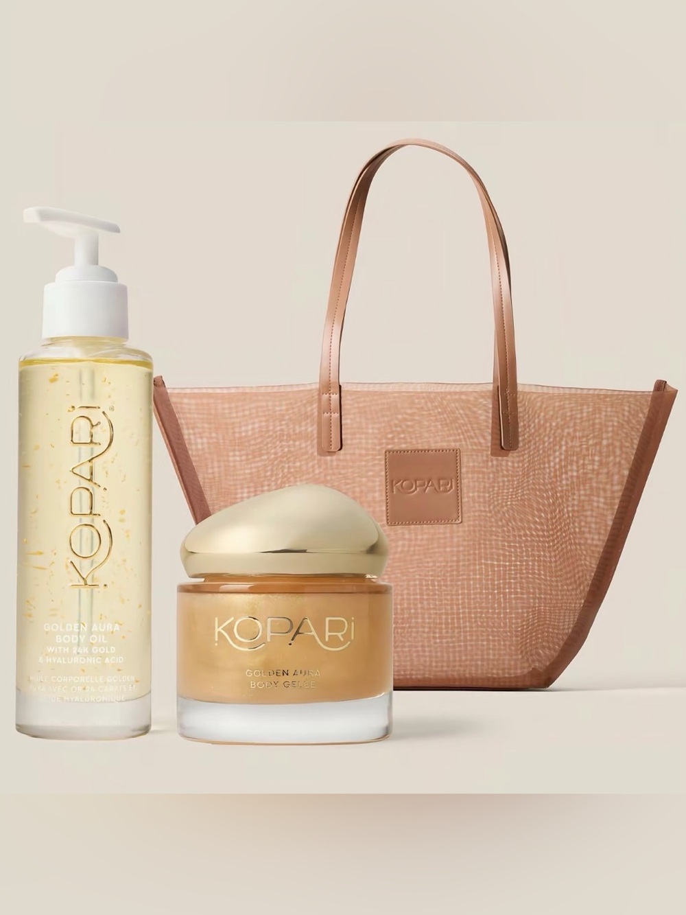 Kopari Golden Aura Glow Body Set Oil Gelée + Mesh Tote NWT